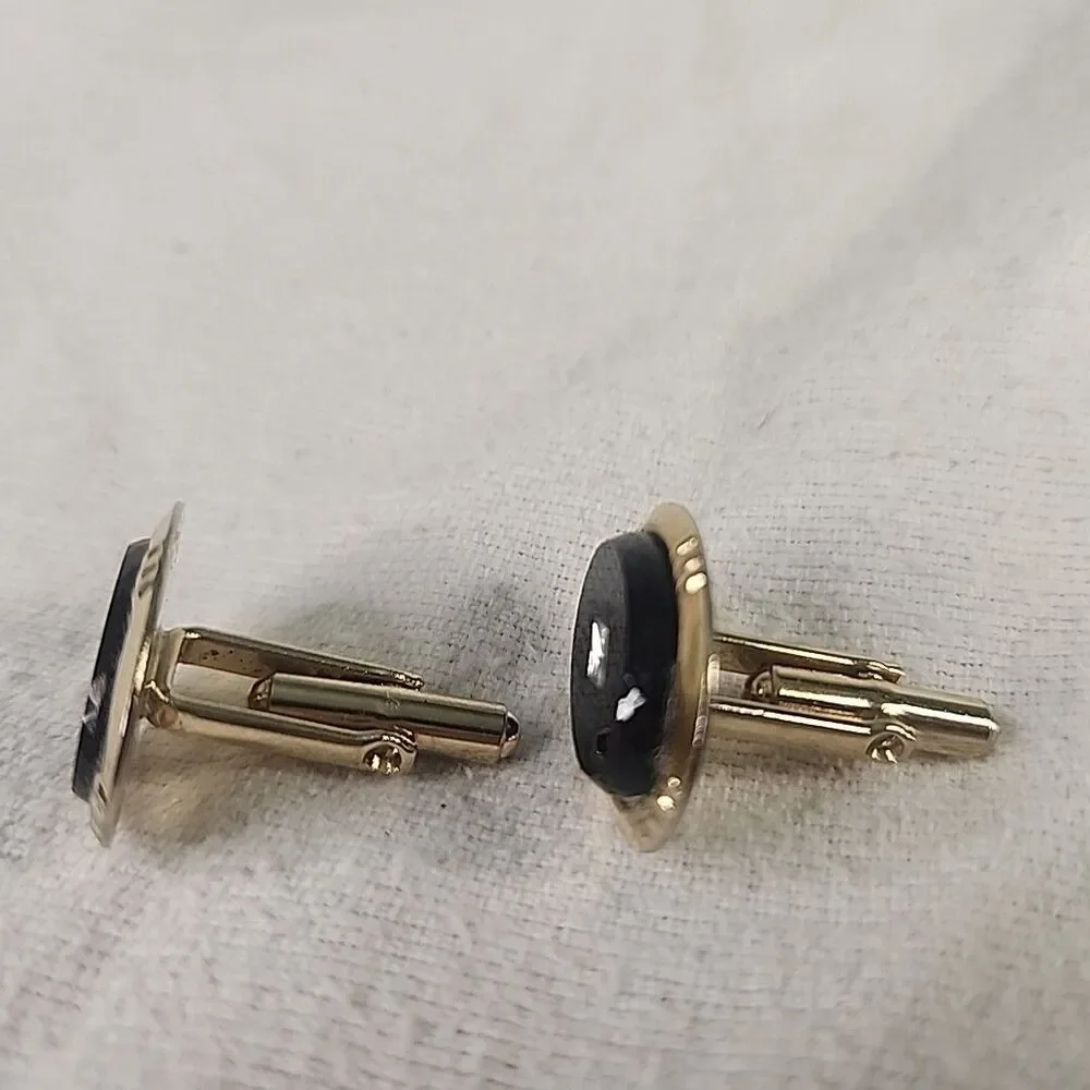 Cufflinks Oval Black Stone with Diamond Shape Insert Gold Tone Unbranded Vintage